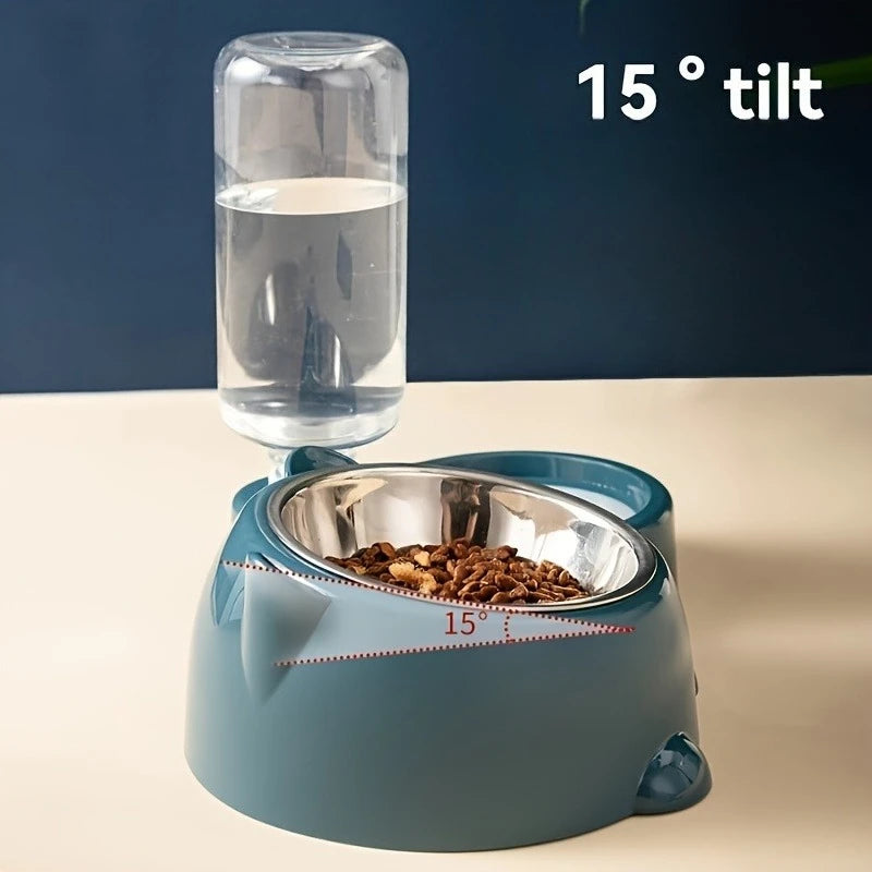 Comedero automático para mascotas y dispensador de agua, sistema de alimentación integrado para gatos y perros, sin necesidad de batería ni energía, boca inclinada.