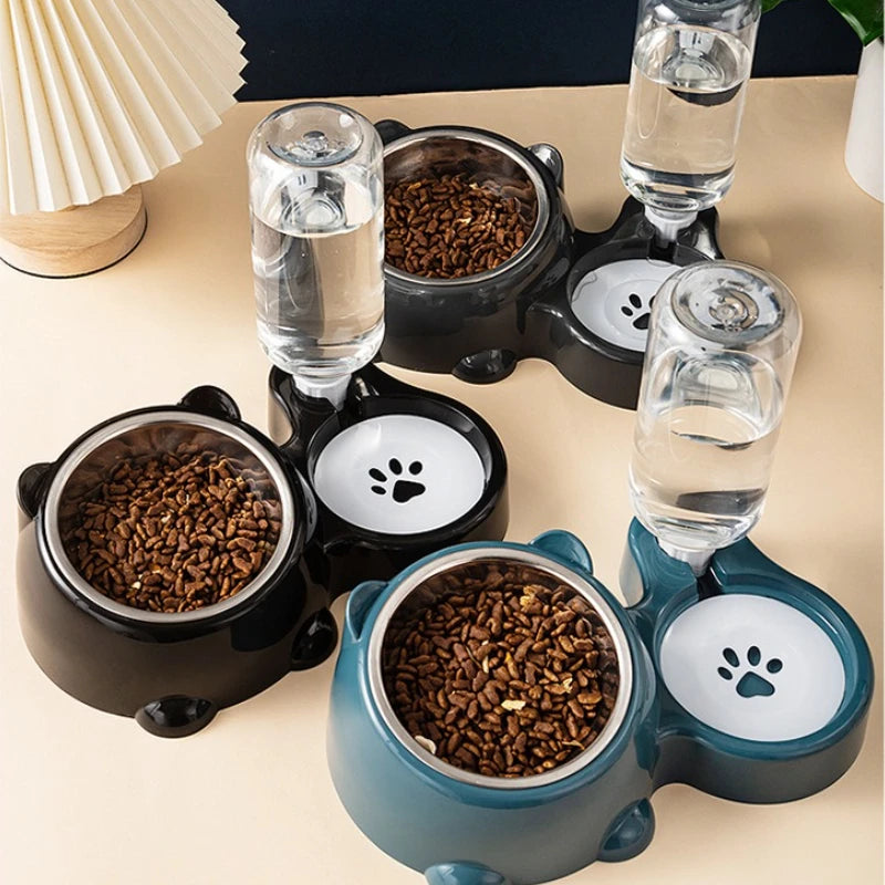 Comedero automático para mascotas y dispensador de agua, sistema de alimentación integrado para gatos y perros, sin necesidad de batería ni energía, boca inclinada.