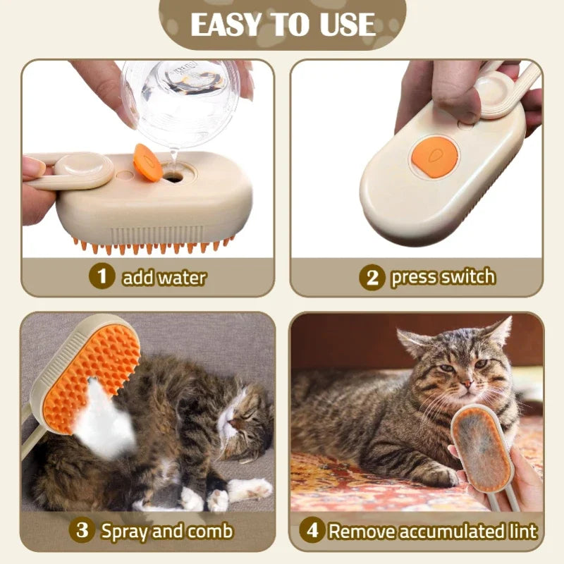 Cepillo de vapor para gatos 3 en 1, removedor de pelo para mascotas, peine de aseo con spray de masaje para gatos, herramienta de limpieza duradera.