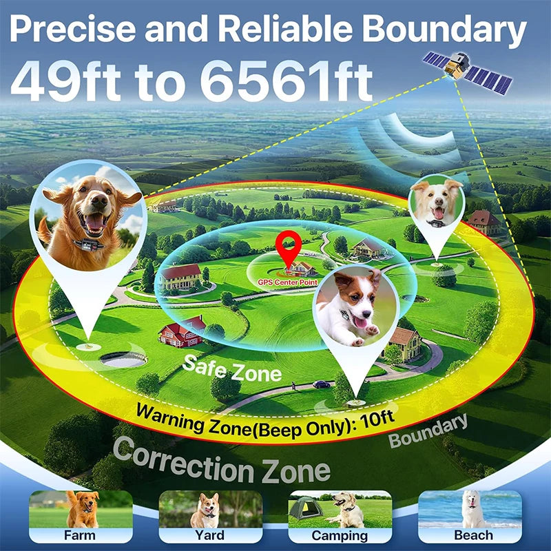 Rango de cobertura de valla inalámbrica para perros con GPS 49-6561 pies IP67 Modos de entrenamiento ajustables a prueba de agua Posicionamiento GPS Solo para uso en exteriores