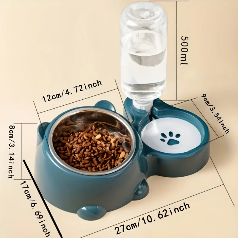 Comedero automático para mascotas y dispensador de agua, sistema de alimentación integrado para gatos y perros, sin necesidad de batería ni energía, boca inclinada.