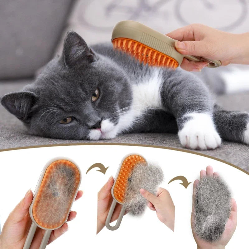 Cepillo de vapor para gatos 3 en 1, removedor de pelo para mascotas, peine de aseo con spray de masaje para gatos, herramienta de limpieza duradera.
