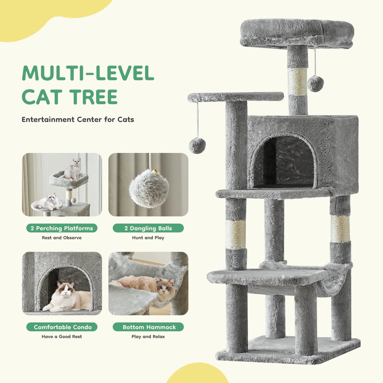 Cat Tree Tall Multi-Cat Climbing Tower para muebles para mascotas Postes rascadores de sisal natural Casa estable para mascotas para gatos de interior