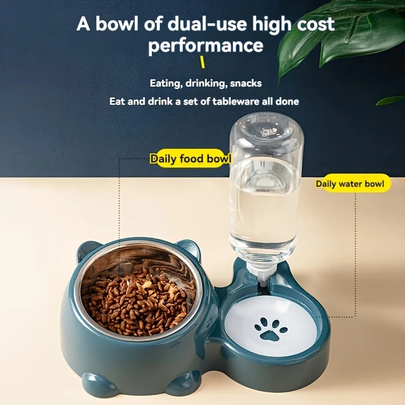 Comedero automático para mascotas y dispensador de agua, sistema de alimentación integrado para gatos y perros, sin necesidad de batería ni energía, boca inclinada.