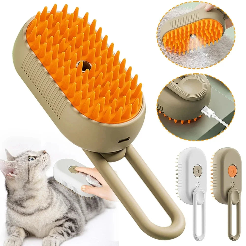 Cepillo de vapor para gatos 3 en 1, removedor de pelo para mascotas, peine de aseo con spray de masaje para gatos, herramienta de limpieza duradera.