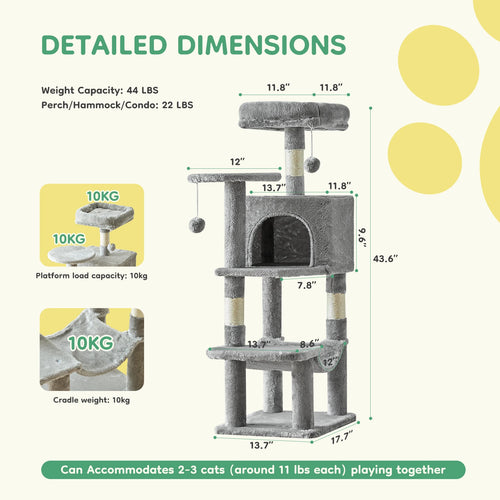 Cat Tree Tall Multi-Cat Climbing Tower para muebles para mascotas Postes rascadores de sisal natural Casa estable para mascotas para gatos de interior