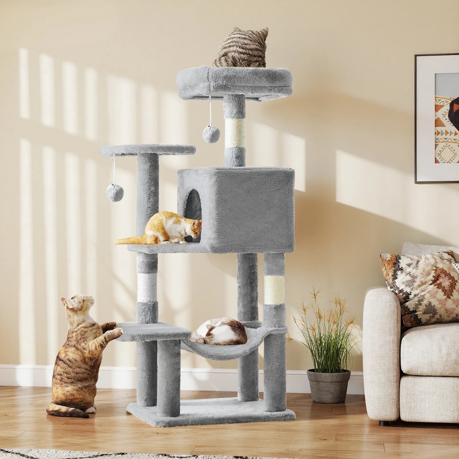 Cat Tree Tall Multi-Cat Climbing Tower para muebles para mascotas Postes rascadores de sisal natural Casa estable para mascotas para gatos de interior